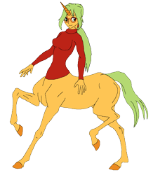 Size: 754x866 | Tagged: safe, alternate version, artist:cdproductions66, artist:nypd, imported from derpibooru, oc, oc only, oc:honey nevaeh, anthro, centaur, monster girl, taur, alternate hairstyle, base used, breasts, centaurified, clothes, female, full body, glasses, green eyes, green hair, hooves, horn, human head, missing accessory, missing cutie mark, ponytail, raised hoof, raised hooves, raised leg, reasonably sized breasts, simple background, smiling, solo, transparent background, turtleneck, unicorn horn, unitaur