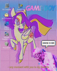 Size: 1080x1342 | Tagged: safe, artist:stacy_165cut, imported from derpibooru, oc, oc only, pegasus, pony, dialogue, female, folded wings, game boy, mare, microsoft windows, raised hoof, solo, subtitles, vaporwave, webcore, windows 98, wings