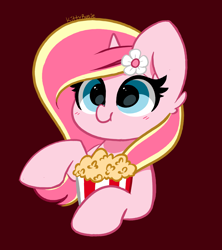 Size: 3152x3549 | Tagged: safe, artist:kittyrosie, imported from derpibooru, oc, oc only, oc:rosa flame, pony, unicorn, cute, eating, eyelashes, female, flower, flower in hair, food, herbivore, high res, horn, mare, maroon background, ocbetes, popcorn, signature, simple background, smiling, solo, two toned mane, unicorn oc