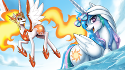 Size: 2000x1125 | Tagged: safe, artist:johnjoseco, imported from derpibooru, daybreaker, princess celestia, alicorn, pony, cute, cutelestia, duo, female, flying, mare, open mouth, self paradox, self ponidox, sunglasses, water, wet, wet mane, wing hands, wings