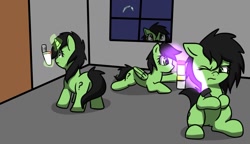 Size: 1398x807 | Tagged: safe, artist:neuro, imported from derpibooru, oc, oc only, oc:filly anon, earth pony, pegasus, pony, unicorn, butt, female, filly, flashlight (object), foal, levitation, magic, multeity, phasmophobia, plot, self paradox, self ponidox, telekinesis