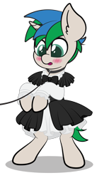 Size: 4725x7678 | Tagged: safe, alternate version, artist:veeayydee, imported from derpibooru, oc, oc only, oc:star logic, pony, unicorn, absurd resolution, bipedal, blushing, clothes, collar, crossdressing, ear fluff, full body, horn, leash, maid, male, pet play, shadow, simple background, solo, stallion, standing, transparent background, two toned mane, unicorn oc