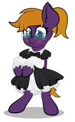 Size: 4725x7678 | Tagged: safe, alternate version, artist:veeayydee, imported from derpibooru, oc, oc only, oc:purple creativity, pegasus, pony, absurd resolution, bipedal, blushing, clothes, ear fluff, female, full body, glasses, maid, mare, pegasus oc, shadow, simple background, smiling, solo, standing, transparent background