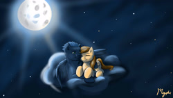 Size: 2560x1440 | Tagged: safe, artist:autumnsmonologue8, imported from derpibooru, oc, oc only, pegasus, pony, cloud, cuddling, duo, eyes closed, lying down, lying on a cloud, moon, night, on a cloud, pegasus oc, prone, signature, smiling, wings