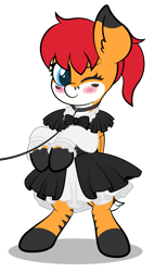 Size: 4725x7678 | Tagged: safe, alternate version, artist:veeayydee, imported from derpibooru, oc, oc only, oc:serenity, pegasus, pony, absurd resolution, bipedal, blushing, clothes, coat markings, collar, ear fluff, female, full body, leash, maid, mare, one eye closed, pegasus oc, pet play, shadow, simple background, smiling, solo, standing, transparent background, wink