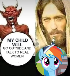 Size: 680x736 | Tagged: safe, imported from derpibooru, rainbow dash, pegasus, pony, 2 4 6 greaaat, coach, coach rainbow dash, coaching cap, devil, exploitable meme, female, jesus christ, mare, meme, satan, smiling, thought bubble