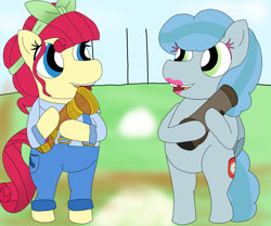 Size: 6048x5036 | Tagged: safe, artist:pinkiepie69, imported from derpibooru, torque wrench, oc, oc:eazybake, earth pony, pegasus, pony, bipedal, clothes, cutie mark on clothes, duo, duo female, eazy bake, female, lipstick, makeup