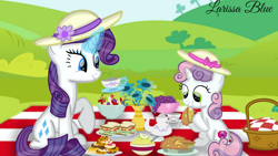 Size: 1280x720 | Tagged: safe, artist:mlplary6, imported from derpibooru, rarity, sweetie belle, pony, unicorn, basket, belle sisters, cookie, cup, eating, female, filly, flower, foal, food, grapes, hat, herbivore, magic, mare, picnic, picnic basket, picnic blanket, pie, sandwich, siblings, sisters, smiling, teacup, teapot, telekinesis