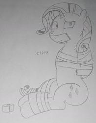 Size: 1368x1747 | Tagged: safe, artist:cardshark777, imported from derpibooru, rarity, unicorn, arm behind back, bondage, duct tape, female, gag, helpless, hooves behind back, horn, horn ring, kidnapped, mare, monochrome, ring, signature, simple background, sitting, solo, tape, tape bondage, tape gag, traditional art