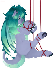 Size: 986x1280 | Tagged: safe, artist:drozya, imported from derpibooru, oc, oc only, pegasus, pony, bondage, butt, collar, plot, rope, rope bondage, shibari, simple background, solo, suspended, suspension, suspension bondage, underhoof, white background, wings