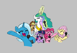 Size: 930x651 | Tagged: safe, artist:kabayo, imported from derpibooru, applejack, fluttershy, pinkie pie, princess celestia, trixie, twilight sparkle, alicorn, earth pony, pegasus, pony, unicorn, aggie.io, eyes closed, female, floppy ears, folded wings, frown, glowing, glowing horn, gray background, hat, horn, karaoke, magic, magic aura, mare, microphone, open mouth, ponerpics import, raised hoof, simple background, singing, smiling, spread wings, sweat, telekinesis, wings