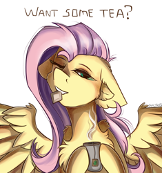 Size: 2200x2342 | Tagged: safe, artist:yuris, imported from derpibooru, fluttershy, pegasus, pony, cute, female, floppy ears, looking at you, mouth hold, one eye closed, simple background, solo, talking to viewer, tea set, teabag, white background