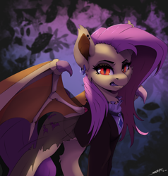 Size: 2850x3000 | Tagged: safe, artist:skitsroom, imported from derpibooru, fluttershy, bat pony, pony, alternate cutie mark, bat ponified, bat wings, clothes, ear piercing, earring, female, flutterbat, fluttergoth, goth, high res, jewelry, mare, piercing, race swap, solo, teeth, wings