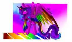 Size: 1280x750 | Tagged: safe, artist:prettyshinegp, imported from derpibooru, oc, oc only, alicorn, pony, alicorn oc, colored wings, horn, multicolored wings, rainbow wings, rearing, solo, wings