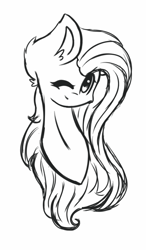 Size: 750x1280 | Tagged: safe, artist:prettyshinegp, imported from derpibooru, oc, oc only, earth pony, pony, bust, ear fluff, earth pony oc, lineart, monochrome, one eye closed, simple background, smiling, white background, wink