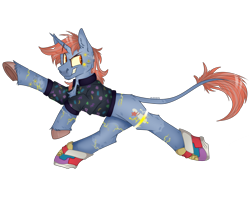 Size: 2800x2300 | Tagged: safe, artist:molars, imported from derpibooru, oc, oc:tenpin, classical unicorn, cyborg, pony, unicorn, '90s, augmentation, augmented, clothes, cloven hooves, cyber, cyberpunk, dynamic pose, leonine tail, raised eyebrow, shading, shoes, simple background, smiling, smug, sneakers, solo, teeth, transparent background, unshorn fetlocks