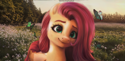 Size: 1166x567 | Tagged: safe, artist:annaxeptable, imported from derpibooru, fluttershy, butterfly, pegasus, pony, beautiful, cute, female, flower, g4, g4 to g5, g5, generation leap, mare, outdoors, scenery, shyabetes, smiling, solo