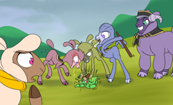 Size: 1800x1097 | Tagged: safe, artist:redahfuhrerking, imported from derpibooru, oc, oc only, sheep, snake, them's fightin' herds, cloven hooves, community related, hat, hoof hold, neckerchief, stick, sweat, sweatdrop, toy