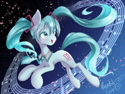Size: 1024x768 | Tagged: safe, artist:hauntedtuba, imported from derpibooru, earth pony, pony, anime, female, hatsune miku, mare, music notes, ponified, solo, vocaloid