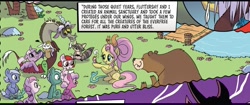 Size: 1079x454 | Tagged: safe, idw, imported from derpibooru, angel bunny, discord, fluttershy, harry, bear, bird, draconequus, earth pony, pegasus, pony, rabbit, raccoon, snake, unicorn, spoiler:comic, spoiler:g5comic, spoiler:g5comic02, animal, colt, female, filly, flashback, foal, g5, g5 collapse of disney, male, mare, meilin lee, older, older fluttershy, ponified, turning red, unnamed character, unnamed pony