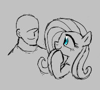 Size: 206x185 | Tagged: safe, artist:kabayo, imported from derpibooru, fluttershy, oc, oc:anon, human, pegasus, pony, aggie.io, female, gray background, human male, human oc, looking at each other, looking at someone, lowres, male, mare, ponerpics import, simple background, smiling