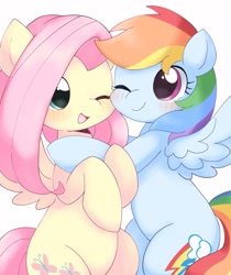 Size: 1397x1660 | Tagged: safe, artist:ginmaruxx, imported from derpibooru, fluttershy, rainbow dash, pegasus, pony, blushing, cute, female, flutterdash, hug, lesbian, mare, one eye closed, shipping, spread wings, wings