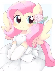 Size: 1334x1723 | Tagged: safe, artist:ginmaruxx, imported from derpibooru, fluttershy, pegasus, pony, blushing, clothes, dress, female, flower, flower in hair, hairpin, looking at you, mare, simple background, smiling, smiling at you, solo, spread wings, wedding dress, white background, wings