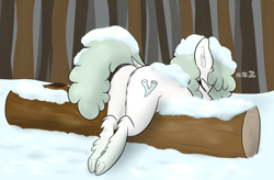 Size: 2874x1891 | Tagged: safe, artist:seafooddinner, imported from derpibooru, oc, oc only, oc:lichen, pony, butt, covered in snow, dock, ear fluff, eyes closed, female, fluffy, log, mare, onomatopoeia, plot, raised tail, sleeping, snow, solo, sound effects, tail, underhoof, yakutian horse, zzz