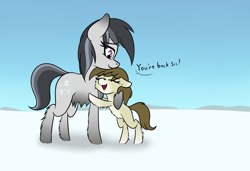 Size: 2424x1658 | Tagged: safe, artist:seafooddinner, imported from derpibooru, oc, oc only, oc:meadow frost, oc:tundra tracker, pony, crying, dialogue, duo, female, filly, foal, hug, mare, open mouth, siblings, sisters, snow, tears of joy, yakutian horse