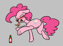 Size: 432x314 | Tagged: safe, artist:seafooddinner, imported from derpibooru, pinkie pie, earth pony, pony, aggie.io, balloonbutt, blushing, butt, dock, eyebrows, eyes closed, female, fire, floppy ears, frog (hoof), gray background, hot sauce, mare, open mouth, open smile, plot, raised hoof, raised tail, simple background, smiling, solo, tail, underhoof