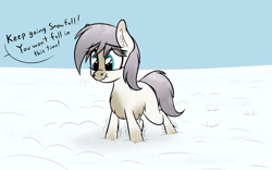 Size: 1827x1140 | Tagged: safe, artist:seafooddinner, imported from derpibooru, oc, oc only, oc:snowfall, pony, dialogue, ear fluff, eye clipping through hair, female, filly, fluffy, foal, nervous, offscreen character, scrunchy face, shaking, shivering, snow, solo, sweat, yakutian horse