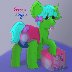 Size: 3000x3000 | Tagged: safe, artist:spiroudada, imported from derpibooru, oc, oc only, oc:green byte, pony, unicorn, adult foal, auction, bag, bisexual pride flag, bow, butt, commission, diaper, diaper bag, diaper fetish, drawing, fetish, male, non-baby in diaper, pacifier, pacifier gag, plot, pride, pride flag, simple background, solo, stallion, ych result, your character here