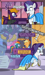 Size: 1920x3168 | Tagged: safe, artist:alexdti, imported from derpibooru, applejack, rainbow dash, rarity, oc, oc:purple creativity, earth pony, pegasus, pony, unicorn, comic:quest for friendship, bits, blushing, clothes, comic, dialogue, dot eyes, dress, ears back, eye contact, eyes closed, female, folded wings, glasses, glowing, glowing horn, gritted teeth, high res, horn, looking at each other, looking at someone, magic, mare, open mouth, open smile, partially open wings, pegasus oc, raised hoof, running, shadow, smiling, speech bubble, table, teeth, telekinesis, underhoof, uniform, wings, wonderbolts uniform, yelling