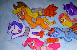 Size: 1280x842 | Tagged: safe, artist:dex stewart, imported from derpibooru, applejack, fluttershy, pinkie pie, rainbow dash, rarity, twilight sparkle, earth pony, pegasus, pony, unicorn, female, fire, flying, jetpack, mane six, sky