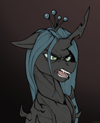 Size: 2777x3421 | Tagged: safe, artist:kirasunnight, imported from derpibooru, queen chrysalis, changeling, changeling queen, angry, black background, crown, fangs, female, jewelry, open mouth, regalia, simple background, solo