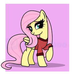 Size: 5000x5080 | Tagged: safe, artist:milkyboo898, imported from derpibooru, fluttershy, pegasus, pony, absurd resolution, clothes, eyelashes, female, full body, lidded eyes, makeup, mare, partial nudity, pink hair, raised hoof, sexy, shadow, smiling, solo, standing, watermark