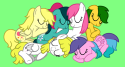 Size: 873x468 | Tagged: safe, artist:jigglewiggleinthepigglywiggle, imported from derpibooru, fizzy, lofty, magic star, surprise, truly, whizzer, earth pony, pegasus, pony, twinkle eyed pony, unicorn, adorablestar, adoraprise, cute, eyes closed, female, fizzybetes, g1, g1 to g4, g4, generation leap, green background, green hair, green mane, green tail, group, group shot, loftybetes, lying down, mare, multicolored hair, multicolored mane, multicolored tail, pink hair, pink mane, pink tail, ponytail, prone, simple background, sleeping, sleeping surprise, smiling, snuggling, tail, trulybetes, whizzabetes, yellow hair, yellow mane, yellow tail