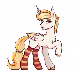 Size: 1920x1920 | Tagged: safe, artist:tanatos, imported from derpibooru, oc, oc only, alicorn, pony, alicorn oc, blonde mane, clothes, horn, pony oc, simple background, socks, solo, stockings, striped socks, thigh highs, white background, wings