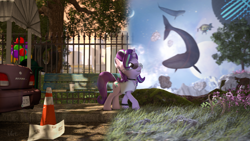 Size: 3840x2160 | Tagged: safe, artist:laylahorizonsfm, imported from derpibooru, starlight glimmer, pony, sky whale, unicorn, whale, 3d, balloon, car, city, fantasy, female, glasses, grass, mare, nissan, park, road, scenery, solo, source filmmaker, space, tree