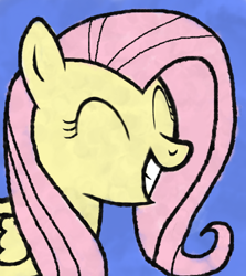 Size: 690x775 | Tagged: safe, artist:nicogamer3000, derpibooru exclusive, imported from derpibooru, fluttershy, pegasus, pony, ^^, blue background, bust, eyes closed, female, grin, mare, simple background, smiling, solo