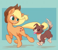 Size: 1973x1690 | Tagged: safe, artist:noupu, imported from derpibooru, applejack, winona, dog, earth pony, pony, applejack's hat, blue background, cowboy hat, cute, female, hat, hooves, jackabetes, looking at each other, looking at someone, mare, running, simple background, tongue out, winonabetes