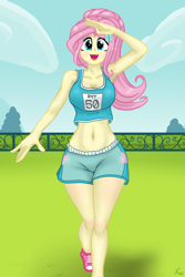 Size: 1280x1916 | Tagged: safe, artist:lennondash, idw, imported from derpibooru, fluttershy, human, equestria girls, spoiler:comicequestriagirlsmarchradness, adorasexy, alternate hairstyle, armpits, belly button, big breasts, blushing, breasts, busty fluttershy, canterlot high, cleavage, clothes, cute, cutie mark on clothes, eyeshadow, fence, field, hairpin, makeup, march radness, midriff, ponytail, sexy, shoes, shorts, shyabetes, sneakers, solo, sports bra, sports outfit, sports shorts