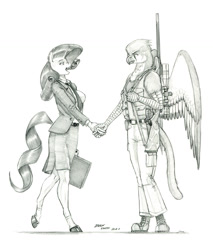 Size: 1100x1294 | Tagged: safe, artist:baron engel, imported from derpibooru, rarity, oc, anthro, griffon, unicorn, female, gun, mare, monochrome, pencil drawing, rifle, story included, traditional art, weapon