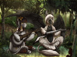 Size: 1955x1447 | Tagged: safe, artist:szkar, imported from derpibooru, oc, oc:devilvoice, oc:sound error, bat pony, earth pony, pony, crossed legs, duo, electric guitar, female, flower, flower in hair, flying v, forest, guitar, leonine tail, mare, musical instrument, playing, playing instrument, rain, sitting, tail