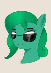 Size: 1527x2160 | Tagged: safe, artist:m37, imported from derpibooru, oc, oc only, pegasus, pony, bust, glasses, green hair, portrait, red eyes, simple background, solo, sunglasses