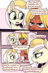 Size: 3000x4500 | Tagged: safe, artist:storyteller, imported from derpibooru, oc, oc:hard boiled, oc:sunny side, earth pony, unicorn, comic:eavesdrop, alcohol, angry, argument, comic, cup, dialogue, drink, drinking, female, male, mare, speech bubble, stallion
