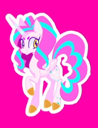 Size: 770x1000 | Tagged: safe, artist:stacy_165cut, imported from derpibooru, oc, oc only, alicorn, pony, cloven hooves, colored hooves, female, folded wings, horn, looking at you, mare, outline, pink background, raised hoof, simple background, solo, wings