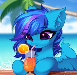 Size: 2342x2272 | Tagged: safe, artist:airiniblock, imported from derpibooru, oc, oc only, pegasus, pony, alcohol, beach, chest fluff, cocktail, commission, drink, drinking, drinking straw, ear fluff, food, ocean, orange, palm tree, solo, summer, tree, water, ych result