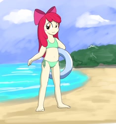 Size: 2285x2426 | Tagged: safe, artist:seidouryu, imported from derpibooru, apple bloom, human, equestria girls, beach, belly button, bikini, blushing, clothes, green bikini, inner tube, midriff, smiling, solo, swimsuit