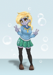 Size: 1200x1716 | Tagged: safe, artist:inkypuso, imported from derpibooru, derpy hooves, human, equestria girls, blue background, blushing, bubble, clothes, cute, derpabetes, double peace sign, female, flats, peace sign, shirt, shoes, simple background, skirt, socks, solo, stockings, thigh highs